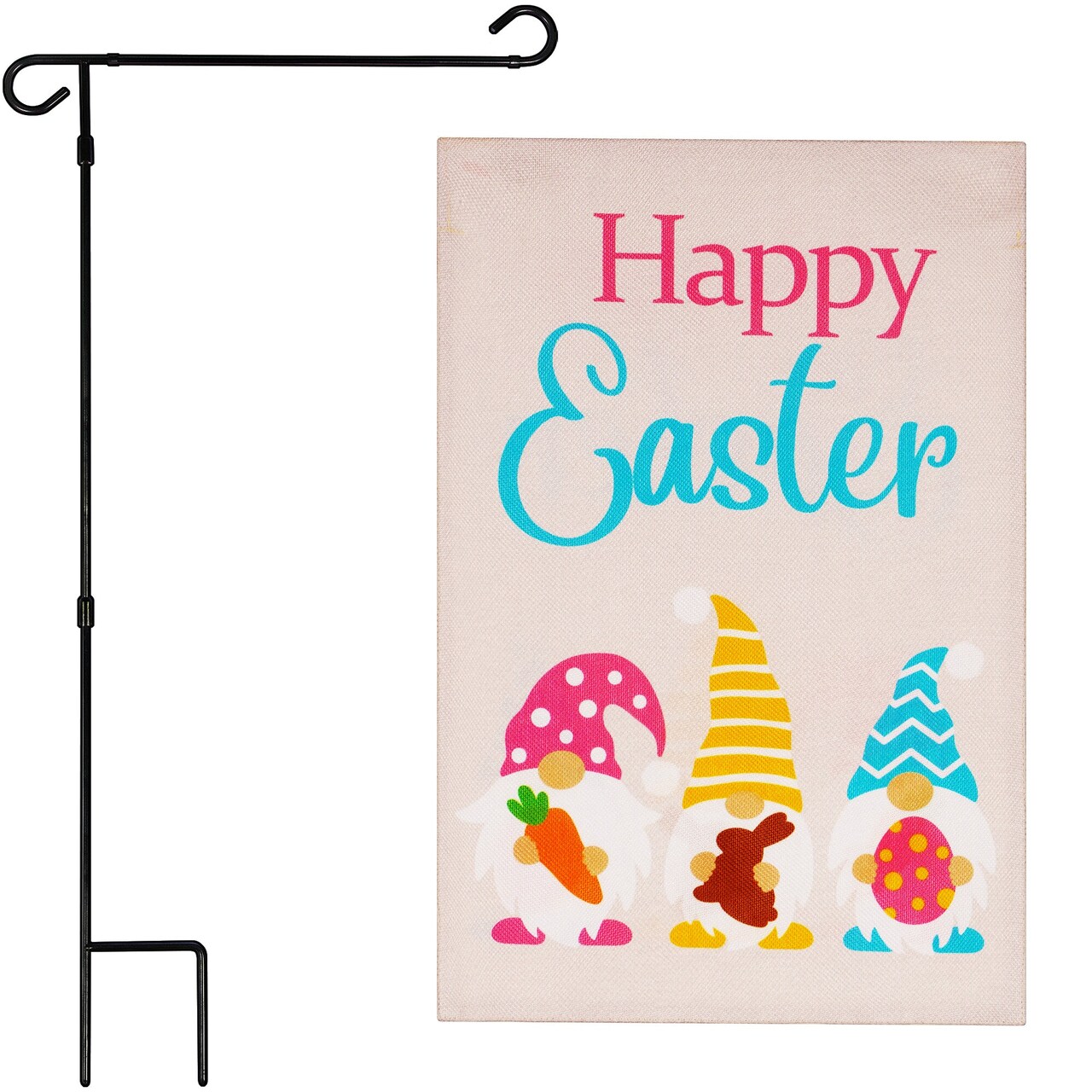 G128 Combo Pack: Garden Flag Stand Black 36 in x 16 in & Garden Flag Happy Easter Decoration Three Gnomes with Carrot Chocolate Bunny Egg 12"x18" Double-Sided Burlap Fabric
